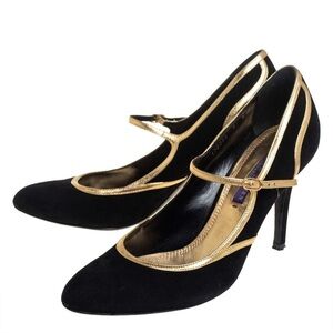 Ralph Lauren Purple Label Collection / gold black Suede Mary Jane Pump Size 9.5